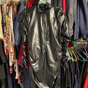 Black Vegan Leather Ruched Midi Dress